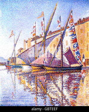 Bildende Kunst, Signac, Paul (1863-1935), Malerei, "Segelboote in St. Tropez Harbour", Öl auf Leinwand, 46 x 56 cm, 1893, Wuppertal, Von-der-Heydt-Museum, Stockfoto