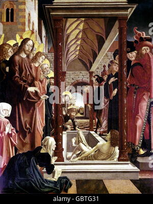 Bildende Kunst, religiöse Kunst, Jesus Christus, Wunder, "Sterben Auferweckung des Lazarus" (das Anheben von Lazarus), von Michael Pacher (ca. 1435-1498), St. Wolfgang, Malerei Stockfoto