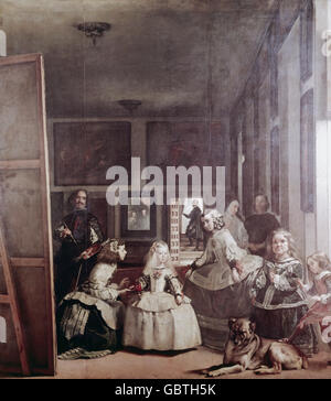 Bildende Kunst, Velazquez, Diego Rodríguez de Silva y (1599-1660), Gemälde "Las Meninas" (The Maids Of Honour), 1656, Öl auf Leinwand, 318 x 276 cm, Prado, Madrid, Stockfoto