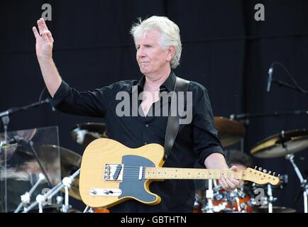 Graham Nash aus Crosby, Stills und Nash beim Glastonbury Festival 2009 auf der Worthy Farm in Pilton, Somerset. Stockfoto