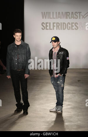 Justin Timberlake (links) und Trace Ayala bei einer Modenschau anlässlich der Einführung ihrer „William Rast“-Bekleidungskollektion in Selfridges in der Oxford Street, London. Stockfoto