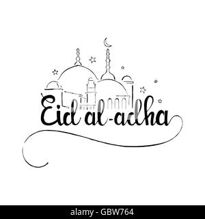 Eid al-Adha handschriftlich Schriftzug. Eid Mubarak. Moderne Vektor handgezeichnete Kalligraphie mit Moschee isoliert auf weißem Hintergrund Stock Vektor