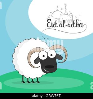 Niedlichen Schafe auf einer grünen Wiese flachen Stil Vektor-Illustration mit Eid al-Adha handschriftliche Beschriftungen fuer muslimischen Feiertag Bakr-Eid Stock Vektor