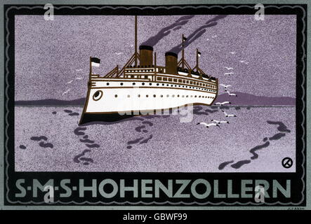 Transport / Transport, Navigation, Yacht, Kaiserreich-Yacht SMS Hohenzollern, Start 1892, Vulkan Werft Stettin, Schrott 1923, Privatyacht Kaiser Wilhelms II., Plakat, um 1910, Schiff, Schiffe, Passagierschiff, Passagierschiffe, Deutschland, Preußen, Dampfer, Dampfer, Dampfer, 1910er, 20. Jahrhundert, historisch, historisch, Wilhelm II, Zusatzrechte-Clearences-nicht vorhanden Stockfoto