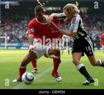 Fußball - FA Barclays Premiership - Charlton Athletic / Newcastle United. Jonathan Fortune von Charlton Athletic hält Craig Bellamy von Newcastle United zurück Stockfoto