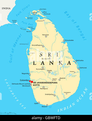 Sri Lanka politische Karte mit Hauptstädten Sri Jayawardenepura Kotte und Colombo, wichtige Städte, Flüsse und Seen. Ceylon. Stockfoto