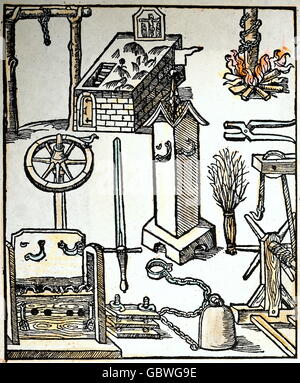 Justiz, Strafvollzug, verschiedene Strafwerkzeuge, Farbholzschnitt aus 'Constitutio criminalis bambergensis', Mainz, 1508, Privatsammlung, Zusatzrechte-Clearences-nicht vorhanden Stockfoto