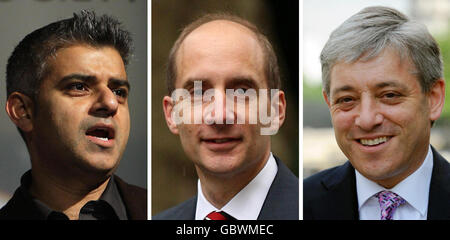 Undatierte Datei Fotos (von links nach rechts) von Verkehrsminister Sadiq Khan, Verkehrsminister Lord Adonis und Sprecher John Bercow. Der Sprecher John Bercow sagte heute Abend den Abgeordneten, dass er "sagte", dass das Unterhaus "zuletzt" eine Erklärung über die Renationalisierung des Eisenbahndienstes an der Ostküste hören würde. Mehrere Abgeordnete hatten sich bei Herrn Bercow beschwert, nachdem Verkehrsminister Lord Adonis heute Morgen die Ankündigung in der Sendung Today von BBC Radio 4 gemacht hatte. Lord Adonis gab später um 15:30 Uhr eine Erklärung vor dem Oberhaus ab, und Verkehrsminister Sadiq Khan wiederholte die Erklärung vor dem Unterhaus kurz vor 20:00 Uhr. Stockfoto