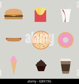 Fast-Food-set, Hamburger, Pommes frites, Soda, Hotdog, Pizza, Krapfen, Eis, Muffin, Kaffeetasse. Stock Vektor