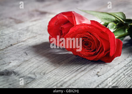 Rote Rosen auf hölzernen Hintergrund Stockfoto