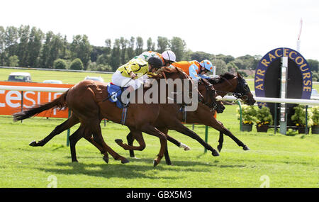 Secret City (rechts) unter Daniel Tudhope gewinnt beim Totepool Family Raceday auf der Ayr Racecourse, Ayr, das Toteplacepot Handicap. Stockfoto