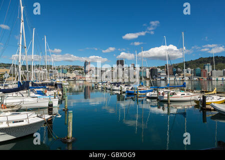 Skyline und Yacht Marina Wellington, Neuseeland Stockfoto