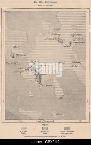 Seychellen. Inseln im Indischen Ozean, 1885 Antike Landkarte Stockfoto