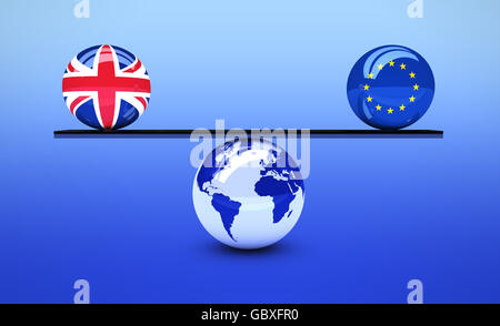 Brexit britischen Referendum mit UK- und EU-Flagge Kugeln balancieren auf Welt Karte Globus 3D Illustration Konzept. Stockfoto