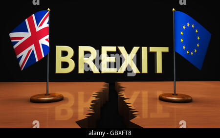 Brexit-Konzept mit Zeichen und Union Jack-EU Flagge getrennt auf einem gebrochenen Schreibtisch 3D Illustration. Stockfoto