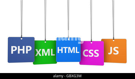Website, Internet und digitale Medien-Entwicklungskonzept mit Programmiersprachen auf farbiges Papier Tags 3d Illustration zu unterzeichnen. Stockfoto
