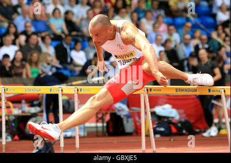 Leichtathletik - Aviva-Weltmeisterschaften und UK-Meisterschaften - Tag zwei - Alexander-Stadion. Andy Turner gewinnt seine 110-m-Hürdenhitze während der Aviva-Weltmeisterschaft im Alexander Stadium in Birmingham. Stockfoto