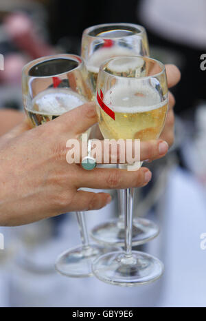 Der Champagner fließt an der Champagne Mumm Bar in Cowes Yacht Haven am dritten Tag der Cowes Week, der weltbekannten Segelregatta, die jedes Jahr auf der Solent stattfindet, aber anderswo sind die Einnahmen nicht so hoch. Die Organisatoren haben heute aufgehört, den Zuschauern wegen mangelnden Handels den Eintritt zu den Abendfesten zu berechnen. DRÜCKEN SIE VERBANDSFOTO. Bilddatum: Dienstag, 4. August 2009. Die Rezession wurde dafür verantwortlich gemacht, dass die Einstiegszahlen im Vergleich zu den Vorjahren um rund 15 % zurückgegangen sind. Rund 900 Yachten werden während der acht Renntage im 183. Jahr der Veranstaltung gegeneinander antreten. Bildnachweis sollte lauten: Chris Ison/PA Wire Stockfoto