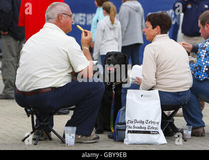 Während der Cowes Week, der weltbekannten Segelregatta, die jedes Jahr auf der Solent stattfindet, beobachtet ein Hund die Chips seines Besitzers in Cowes Yacht Haven, wo die Einnahmen sinken. Die Organisatoren haben heute aufgehört, den Zuschauern wegen mangelnden Handels den Eintritt zu den Abendfesten zu berechnen. DRÜCKEN SIE VERBANDSFOTO. Bilddatum: Dienstag, 4. August 2009. Die Rezession wurde dafür verantwortlich gemacht, dass die Einstiegszahlen im Vergleich zu den Vorjahren um rund 15 % zurückgegangen sind. Rund 900 Yachten werden während der acht Renntage im 183. Jahr der Veranstaltung gegeneinander antreten. Bildnachweis sollte lauten: Chris Ison/PA Wire Stockfoto