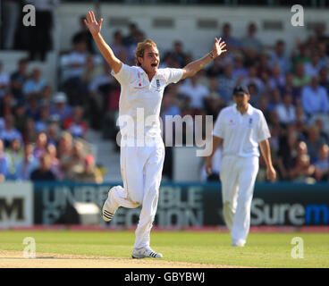 Der englische Stuart Broad feiert das Dickicht von Ricky Ponting in Australien Stockfoto