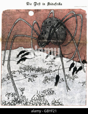 Ereignisse, zweiter Burenkrieg, 1899 - 1902, Karikatur, 'die Pest in Südafrika', Zeichnung von Bruno Paul, 'Münchner Bilderbogen', um 1900., Zusatz-Rechteklärung-nicht vorhanden Stockfoto