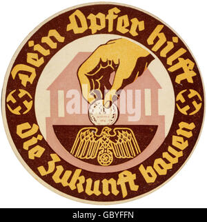 Nationalsozialismus / Nationalsozialismus, Propaganda, Bierdeckel mit Slogan 'Dein Opfer hilft, die Zukunft aufzubauen', 1934, Zusatzrechte-Clearences-nicht verfügbar Stockfoto