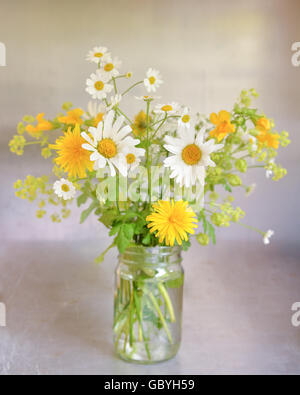 Jam Jar Blumen - ziemlich informellen Anordnung von gelben und weißen Wildblumen in Marmeladenglas Stockfoto