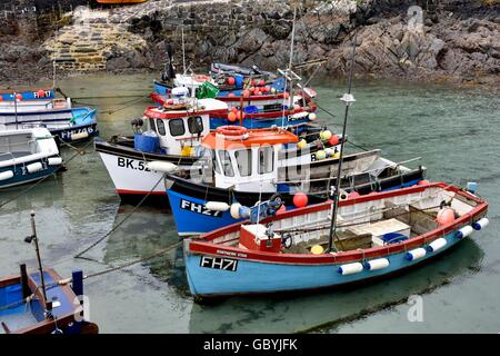 Angelboote/Fischerboote bei Ebbe in Coverack Hafen Cornwall England UK Stockfoto