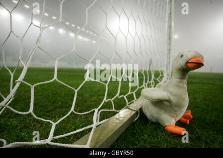 Fußball - UEFA Cup - Gruppe G - Heerenveen / VFB Stuttgart. Ein Entenmaskottchen neben dem Tor im dichten Nebel im Abe-Lenstra-Stadion von Herenveen während des Spiels Heerenveen gegen VFB Stuttgart Stockfoto