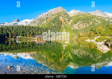 Reflexion der Berge Popradske See in herbstlichen Farben der hohen Tatra, Slowakei Stockfoto