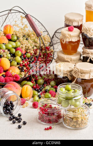 Sommer Früchte und Beeren - rote, schwarze und weiße Johannisbeeren, Himbeeren, Stachelbeeren, Pfirsiche und Aprikosen. Selektiven Fokus. Stockfoto