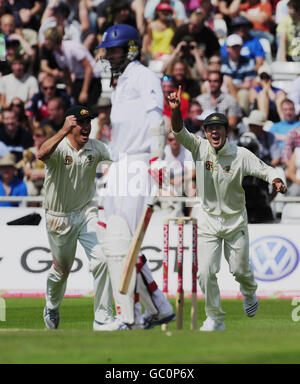 Australien-Kapitän Ricky Ponting (rechts) feiert, wie Englands Graham Onions von Mitchell Johnson sauber gezerrtet wird, um Australien den Sieg beim vierten Test in Headingley, Leeds, zu geben. Stockfoto