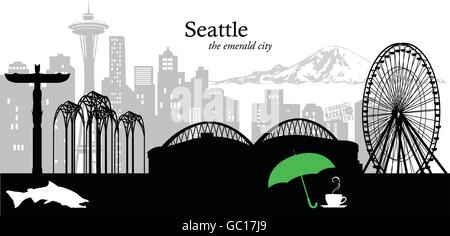Vektor-Illustration auf die Skyline von Seattle, Washington, USA Stock Vektor