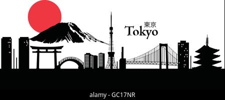 Vektor-Illustration auf die Skyline von Tokyo, Japan mit großen roten Sonne. Stock Vektor