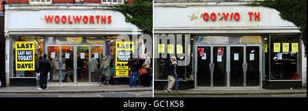 Zusammengesetzte Fotos zeigen einen Woolworths, bevor er im Dezember 2008 in Ashby-De-La-Zouch, Leicestershire, geschlossen wurde und noch über acht Monate später im August dieses Jahres leer war. Stockfoto