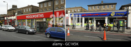 Zusammengesetzte Fotos, die einen Woolworths zeigen, bevor er im Dezember 2008 in Balham, im Süden Londons, geschlossen wurde, und als 99p-Laden später im August dieses Jahres. Stockfoto