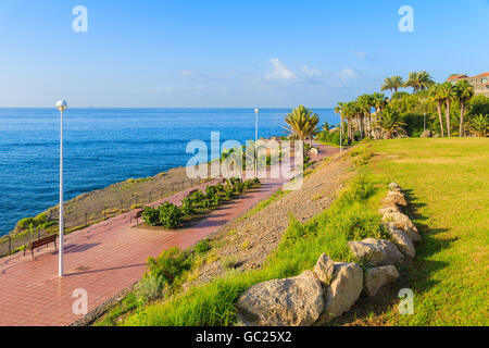 Exotische Strandpromenade mit Palmen in Costa Adeje Urlaub Stadt, Teneriffa, Kanarische Inseln, Spanien Stockfoto