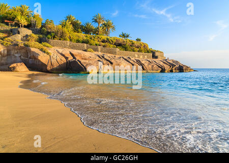 Ozeanwelle am tropischen Sandstrand El Duque in Costa Adeje, Teneriffa, Kanarische Inseln, Spanien Stockfoto