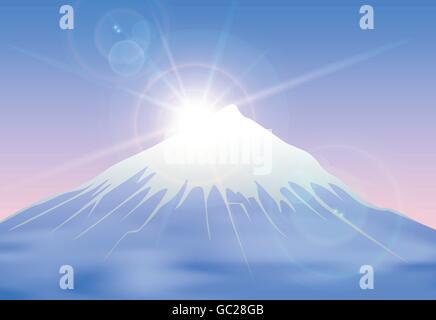 Hintergrund mit Sonnenaufgang Berge im Nebel. Stock Vektor