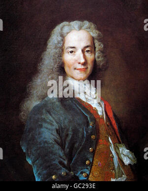 Voltaire. Porträt der französischen Aufklärung Schriftsteller und Philosoph Voltaire (François-Marie Arouet: 1694-1778), von Nicolas de Largillierre, Öl auf Leinwand, c.1724-1725 Stockfoto