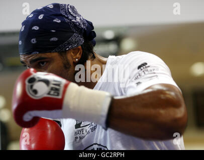 David Haye während einer Fotozelle im Hatton Health and Fitness Gym, Hyde. Stockfoto