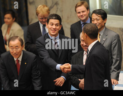 Der britische Außenminister David Miliband trifft US-Präsident Barack Obama beim UN-Sicherheitsrat in New York. Stockfoto