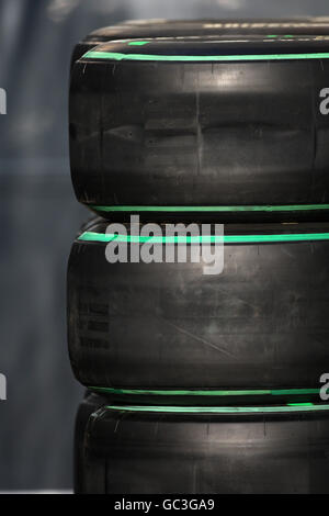 Superweiche Reifen im Fahrerlager beim ersten Training auf dem Monza Circuit, Italien. Stockfoto