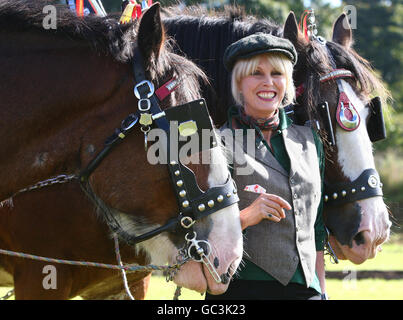 Schauspielerin Joanna Lumley posiert neben zwei Clydesdale-Pferden bei einer Pferdepflügerveranstaltung auf der Farm, auf der Robert Burns lebte, Ellisland Farm, Holywood Road, Auldgirth. Stockfoto