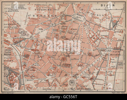 DIJON antiken Stadt Stadt Plan De La Ville. Côte-d ' or. Bourgogne Carte, 1905-Karte Stockfoto