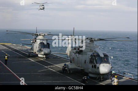 Merlin-Hubschrauber der Royal Navy landen auf der HMS Illustrious, bevor sie nach Liverpool segelt, für die Fly Navy 100 Veranstaltung, die ein 100-jähriges Jubiläum der Naval Aviation feiert. Stockfoto