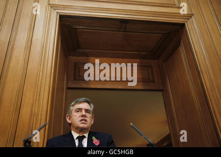 Gordon Brown monatlichen Pressekonferenz Stockfoto