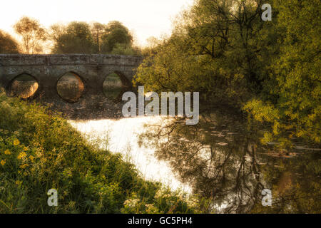 Wunderschönen Sonnenaufgang Landschaft fließt unter mittelalterliche Brücke mit glühenden Sonnenlicht im Hintergrund Bild Stockfoto