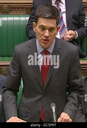 Außenminister David Miliband gibt heute im Unterhaus eine Erklärung zur fortgesetzten Beteiligung britischer Truppen in Afghanistan ab. Stockfoto