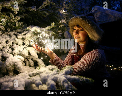 Tamsyn Sear, als Santa Elf, unter künstlichen schneebedeckten Bäumen als letzte Details werden in Lappland UK, in der Nähe von Tunbridge Wells, Kent, eine Theaterproduktion, die versucht, die arktische Heimat des Weihnachtsmannes neu zu erstellen. Stockfoto